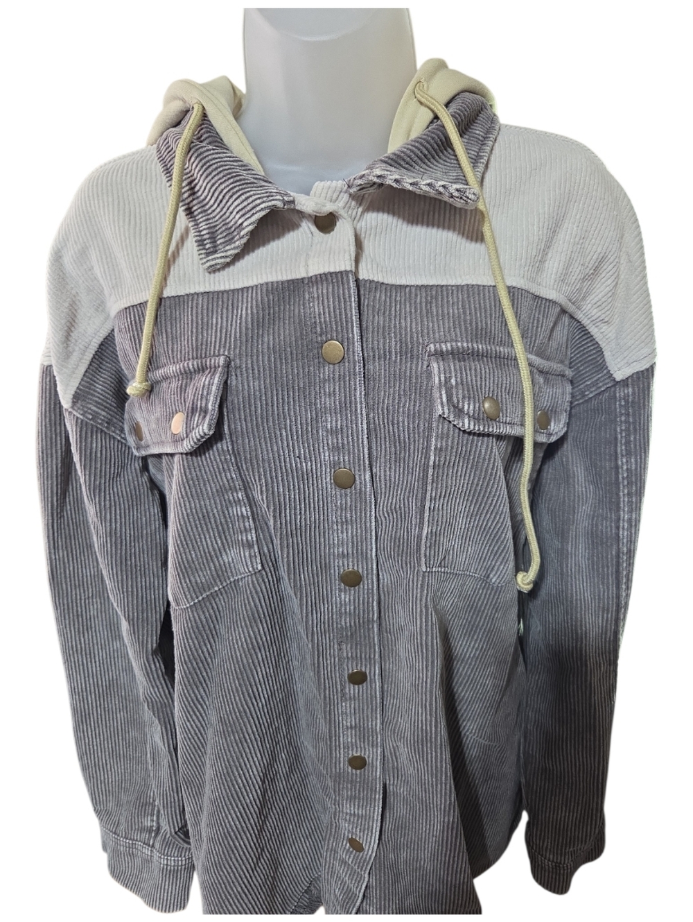 Unbranded Corduroy Hooded Shacket Gray Cream XL - Picture 3 of 7